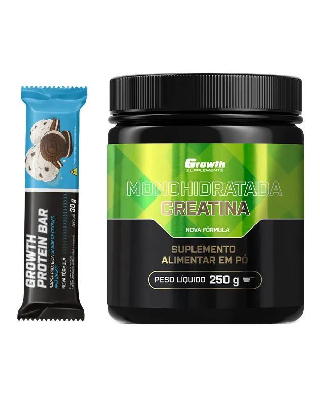Kit Creatina 250g + Barra de Proteína Display 12 Un - Growth Supplements - Creatina + Barras no combo