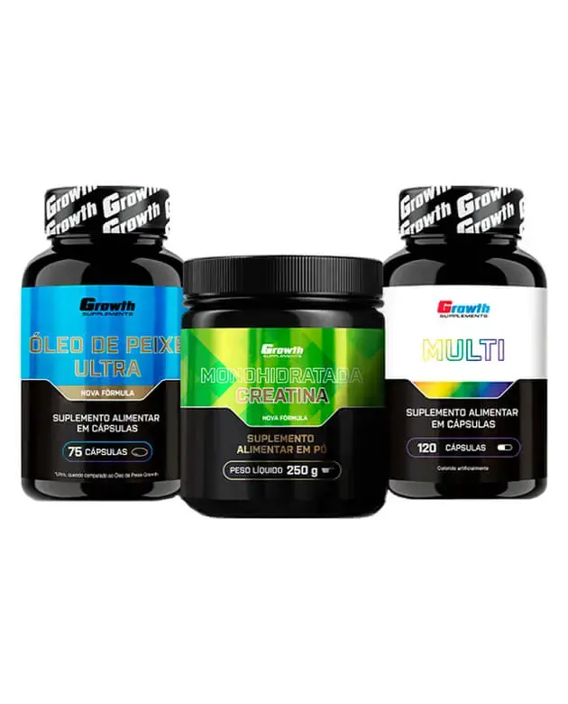 Kit Creatina 250g, Multivitamínico 120 caps e Óleo de Peixe Ultra 75 caps - Growth Supplements - Creatina + Multi + Ômega 3