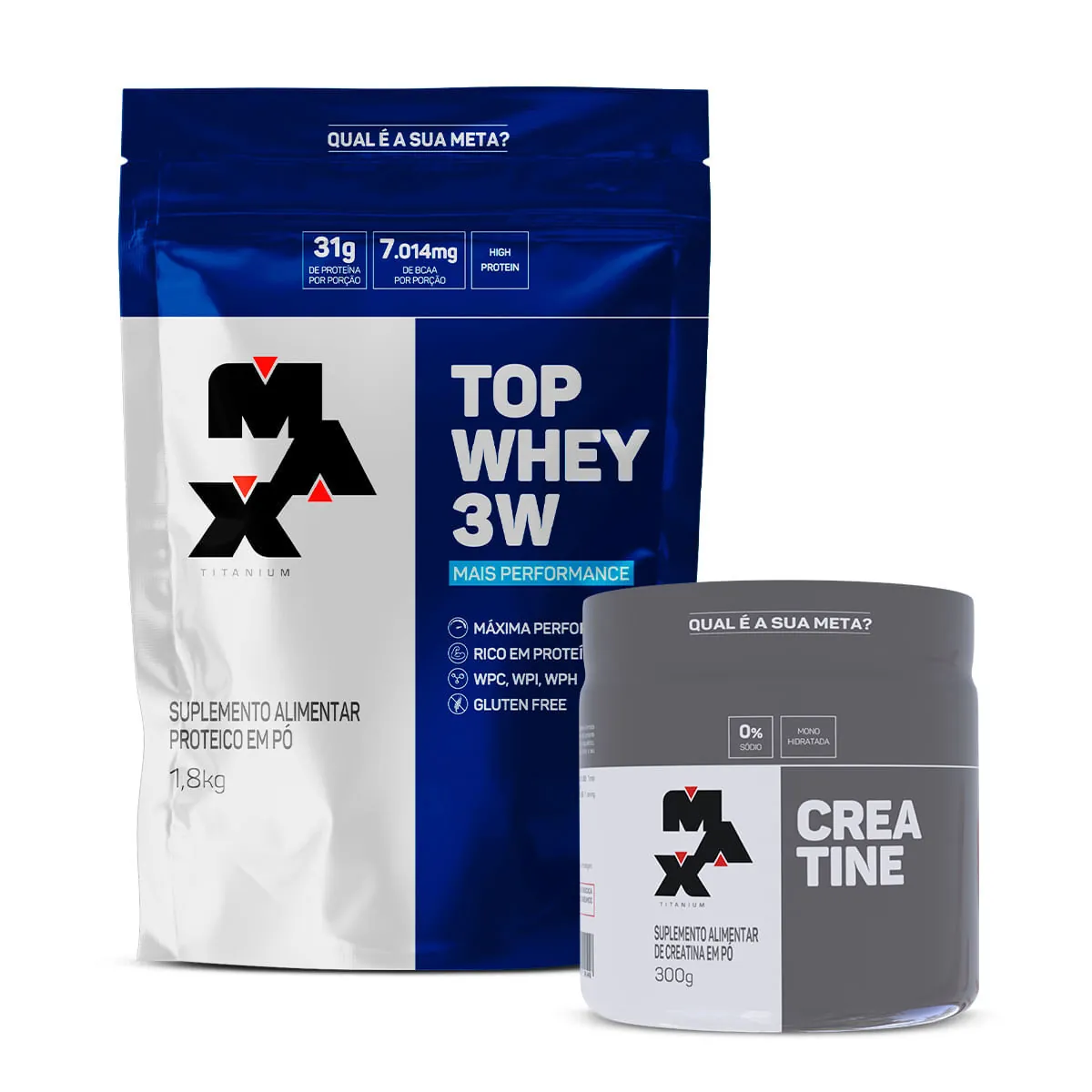 Kit Creatina 300g + Top Whey 3W Performance 1,8Kg - Max Titanium