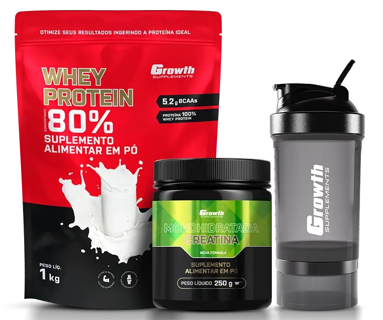 Kit Whey Concentrado 1kg, Creatina 250g e Coqueteleira - Growth Supplements - Whey + Creatina + Coqueteleira