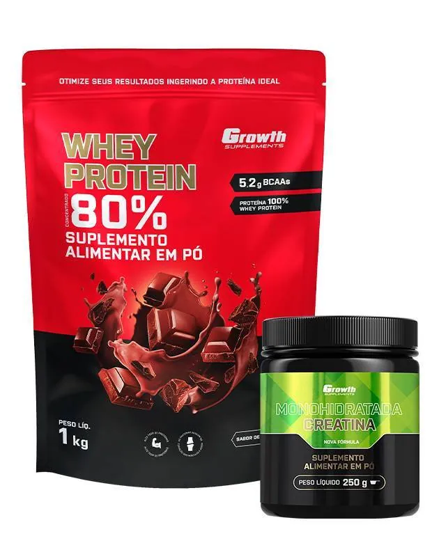 Kit Whey Protein Concentrado 1kg e Creatina Monohidratada 250g - Growth Supplements - Whey Concentrado 80% 1kg